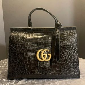 GUCCI BLACK CROCODILE LEATHER TOP HANDLE GG MARMONT MEDIUM BAG